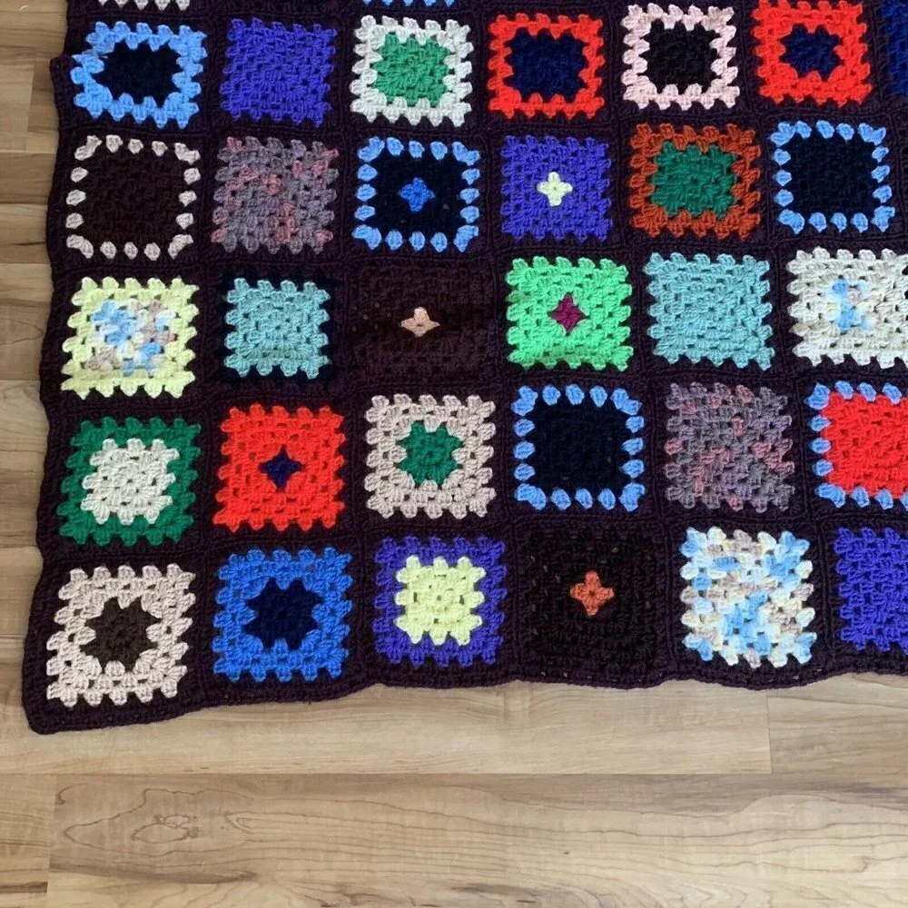 Granny Square Dark Brown Afghan Crochet Throw Blanket 45” x 58” Vintage